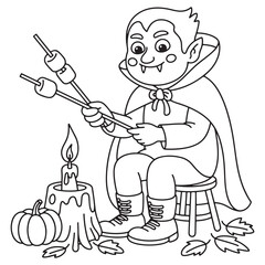 Friendly Vampire Roasting Marshmallows by Campfire – Halloween Cartoon Line Art Coloring Page
