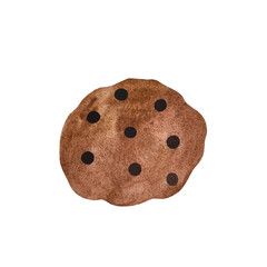 A watercolor illustration of classic round cookies with chocolate chips on a white background. The detailed artwork highlights their golden-brown color and tempting texture, perfect for bakery