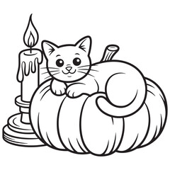 Adorable Cat Snuggled on Top of Pumpkin with Candle – Cute Halloween Line Art Illustration for Coloring Pages
