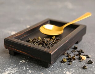 Elegant Dark Wooden Tray with Fresh Green Tea Leaves and Shiny Gold Spoon Flatley