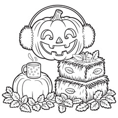 Cute Halloween Pumpkin with Headphones and Cozy Blanket – Cartoon Line Art Illustration for Kids Coloring Page
