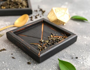 Elegant Dark Wooden Tray with Fresh Green Tea Leaves and Shiny Gold Spoon Flatley