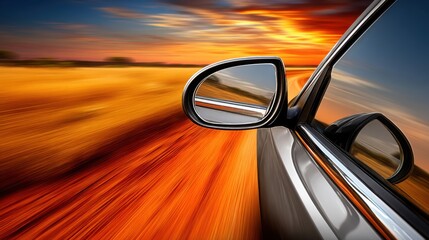 A car drives at high speed through a colorful sunset landscape creating motion blur