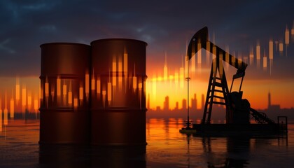 Oil production activity at sunset industrial site digital art urban environment aesthetic viewpoint economic concept