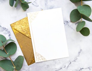 Elegant Invitation Card Featuring White Background, Gold Foil Details, and Greenery 