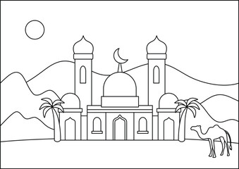 Coloring Book Illustration of a serene desert landscape featuring a mosque, palm trees, camel, and a full moon in the sky