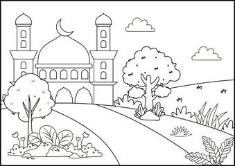 Coloring Book Serene Mosque Landscape with Crescent Moon, Lush Trees, and Rolling Hills Illustration for Coloring Page