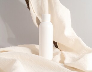 Elegant White Skincare Bottle Displayed on Draped Soft Fabric Riser with Neutral Back