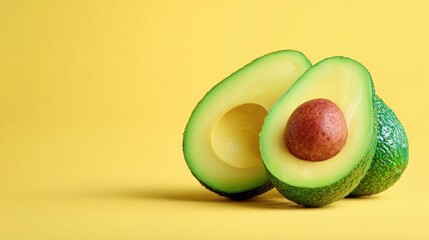 Fresh Avocado Halves on Bright Yellow Background for Food Styling