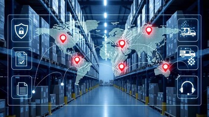 Warehouse interior with world map overlay and logistics icons in a blue color scheme background - Powered by Adobe