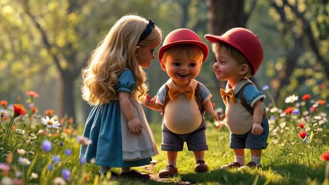 Young Alice with long golden blonde hair in blue dress and white apron meeting rotund Tweedledum and Tweedledee.