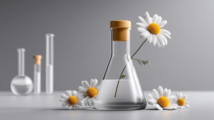 Botanical Science: An elegant arrangement of chamomile flowers with laboratory glassware