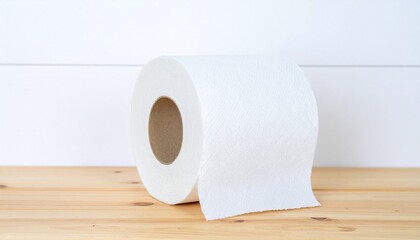 White toilet paper roll on wooden surface with loose sheets