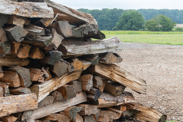 Pile of firewood drying in the sun in rural landscape