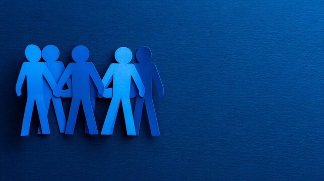 Blue paper chain human figures on textured blue background representing togetherness