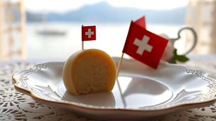 Glowing Swiss lantern with white cross motif, resting on rustic wood with alpine meadow in soft focus.