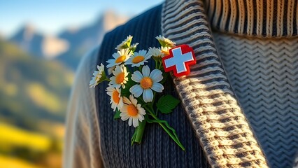 Glowing Swiss lantern with white cross motif, resting on rustic wood with alpine meadow in soft focus.