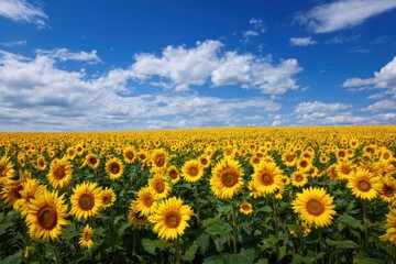 Fototapeta premium Vibrant Sunflower Field Under a Bright Blue Sky with Fluffy White Clouds on a Sunny Day