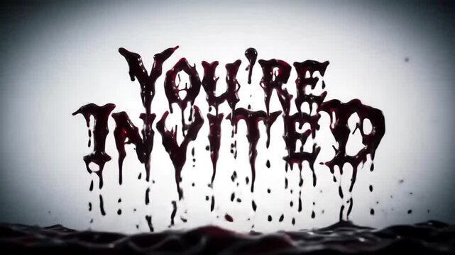 Eerie text of "You're Invited" drizzles with a dark, viscous liquid against a stark white background, creating a chilling invitation