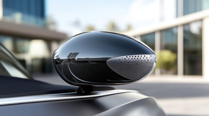 Fototapeta premium Close-up of a modern, glossy black car side-view mirror