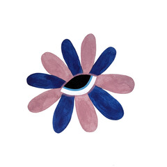 A watercolor illustration of a stylized flower with vibrant blue and dusty pink petals, featuring an eye in the center. Set against a white background, the design combines mysticism and elegance