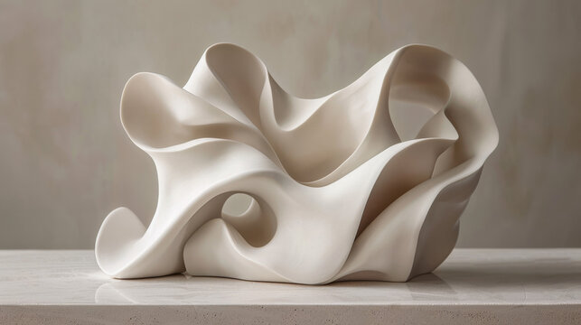 Abstract flowing white ceramic sculpture with organic curves and open spaces