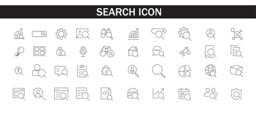 set of Search icon. Contains such Icons as zoom, find document, web search engine, analytics, magnify glass symbol, look tool, binoculars, investigate and more. Vector illustration