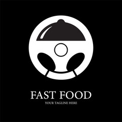 Fast food logo featuring a steering wheel combined with a food cover, representing drivethru service