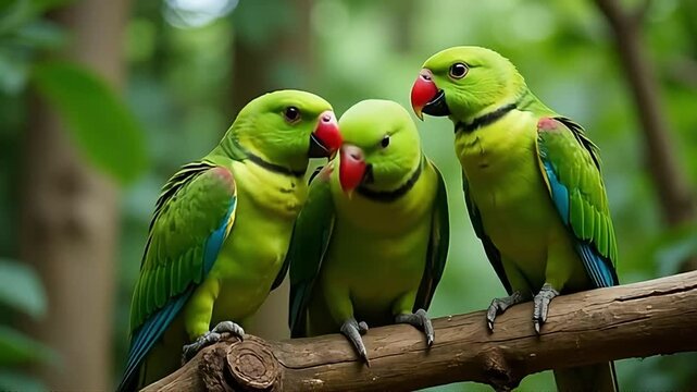 Green parrots perched on branch tropical birds wildlife nature image