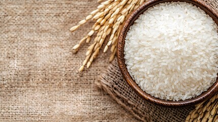 Close-Up of White Rice Grains in Wooden Bowl with Paddy on Burlap Fabric Background perfect for food packaging design, agricultural promotions, organic grain branding and healthy eating visuals