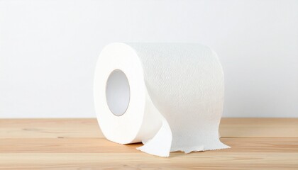 White toilet paper roll on wooden surface with loose sheets