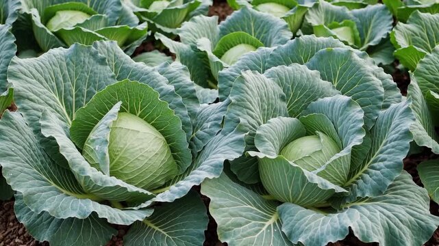 Rows of fresh green cabbage plants growing in a field