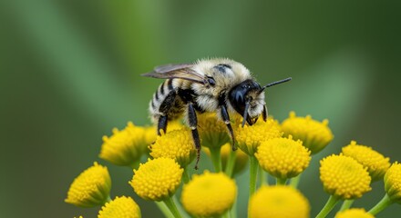 Detailed Macro Portrait of a Fluffy Anthidium Bee on Yellow Tansy Blossoms