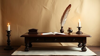 Vintage desk setup with a feather quill and inkwell on aged parchment.