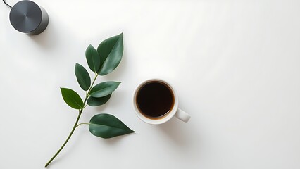 Minimalist desk with coffee cup and plant leaves, showcasing a clean and organized workspace.
