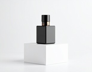 Glossy black perfume bottle on white riser with luxury vibe