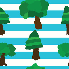 trees with blue stripes seamless pattern. Colorful tie and die green colored trees hand drawn simple seamless pattern. Good for background, wallpaper, fabric, textile.