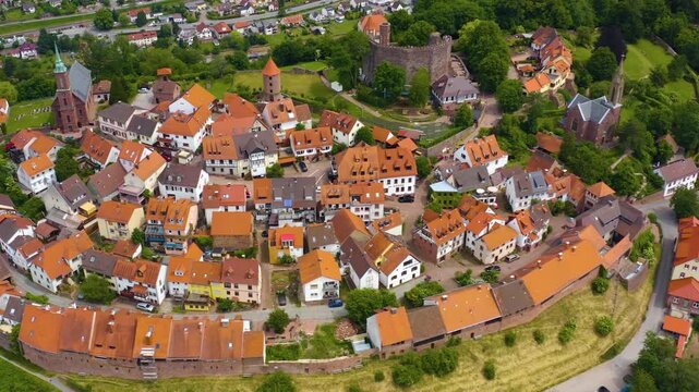 Aerial panorama view around the city and Dilsberg Castle in Germany beside the neckar river. On a sunny spring day.