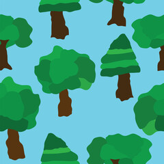 green trees on blue background seamless pattern. Simple hand painted green trees on blue background seamless pattern. Good for textile, fabric, wallpaper, backgrounds and more.