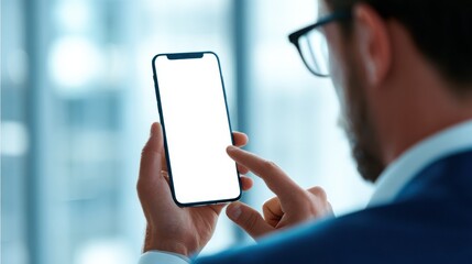 Close up of a businessman wearing glasses holding a smartphone with a blank white screen and touching the display