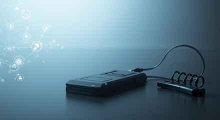 Futuristic Data Device with Coiled Cable and Luminous Network Interface