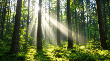 Obraz premium Sunlight beams shining through tall trees in lush green forest create serene and peaceful atmosphere