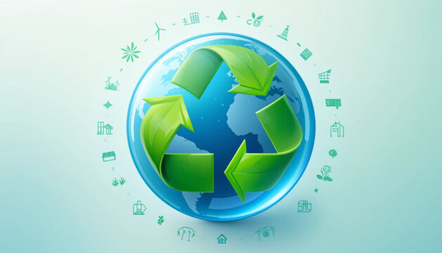  a stylized globe encircled by green recycling arrows, symbolizing sustainability and environmental awareness.