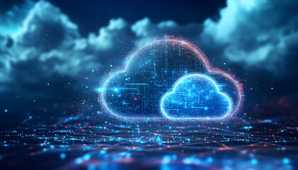 Obraz premium Futuristic digital concept of cloud technology with glowing abstract clouds, interconnected network lines data storage, global connectivity