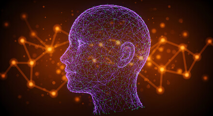 Abstract 3D illustration of a human head made of a glowing plexus network, representing AI, consciousness, and big data technology.