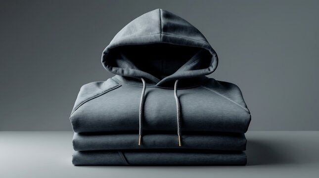 Sleek Charcoal Hoodie, Perfectly Folded with Gold-Tipped Drawstrings