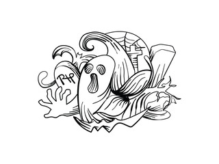 Halloween Ghost and Tombstone Line Art Vector for Coloring or Clipart

