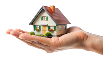 A miniature house is held in the palm of a hand, symbolizing real estate, investment, and the dream of owning a home isolated on transparent background
