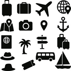 Travel and Vacation Vector Silhouettes – Icons of Suitcase, Passport, Airplane, Map, Anchor, Bus, Sailboat, Palm Tree, Signpost, Location Pin, Camera, Hat, Tickets, Globe, and Tourist Essentials – Bla