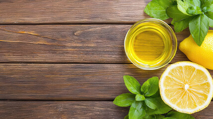 Fresh lemon, olive oil, and green leaves on wooden table create vibrant and healthy atmosphere
